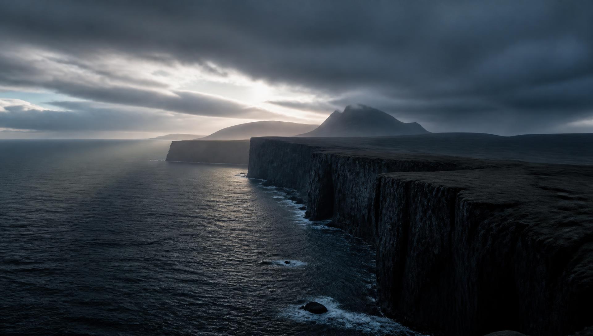 Northern sea cliffs and dark water at evening